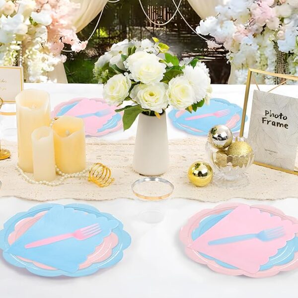 96PCS Baby Gender Reveal Tableware Set – Plates, Napkins & Forks for 24 Guests (Pink & Blue) - Image 3