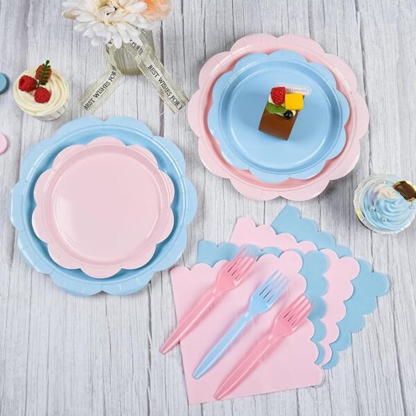 96PCS Baby Gender Reveal Tableware Set – Plates, Napkins & Forks for 24 Guests (Pink & Blue) - Image 4