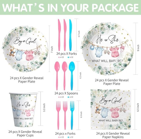 Gender Reveal Party Set – Greenery Baby Clothes Theme Plates, Napkins, Cups & Cutlery for 24 - Image 2