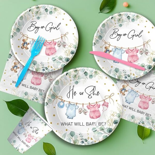 Gender Reveal Party Set – Greenery Baby Clothes Theme Plates, Napkins, Cups & Cutlery for 24 - Image 3