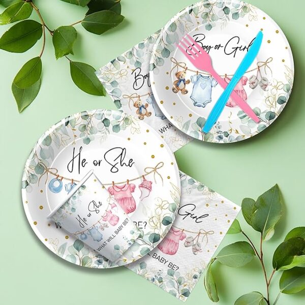 Gender Reveal Party Set – Greenery Baby Clothes Theme Plates, Napkins, Cups & Cutlery for 24 - Image 4