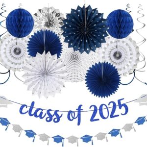18PCS Navy Blue & Silver Graduation Party Kit – Banner, Garland, Pom Poms, Fans & Lanterns