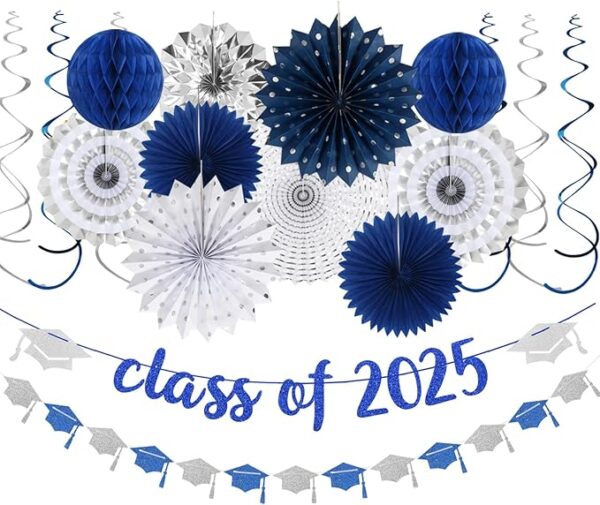 18PCS Navy Blue & Silver Graduation Party Kit – Banner, Garland, Pom Poms, Fans & Lanterns