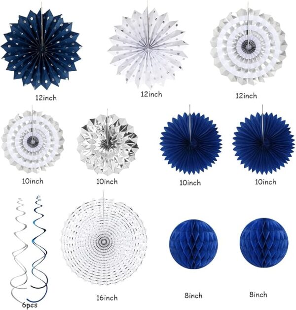 18PCS Navy Blue & Silver Graduation Party Kit – Banner, Garland, Pom Poms, Fans & Lanterns - Image 3
