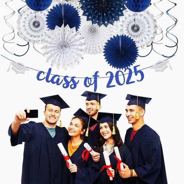 18PCS Navy Blue & Silver Graduation Party Kit – Banner, Garland, Pom Poms, Fans & Lanterns - Image 4