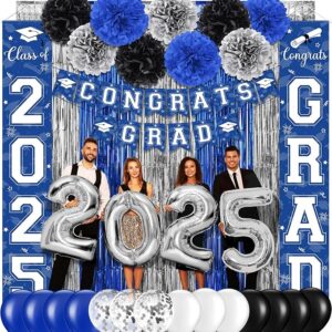 Class of 2025 Graduation Party Kit – Banner, Fringe Curtain, Flowers & Balloons (Blue)