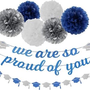 Navy Blue & Silver Graduation Party Kit – Banner, Garland, Pom Poms & Streamers (8 pcs)