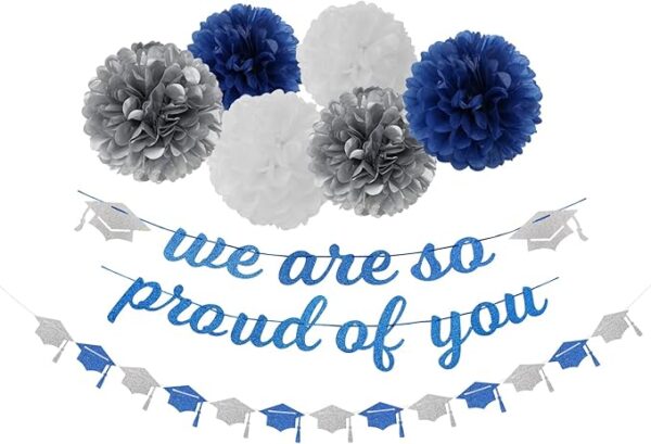 Navy Blue & Silver Graduation Party Kit – Banner, Garland, Pom Poms & Streamers (8 pcs)