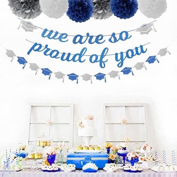 Navy Blue & Silver Graduation Party Kit – Banner, Garland, Pom Poms & Streamers (8 pcs) - Image 3