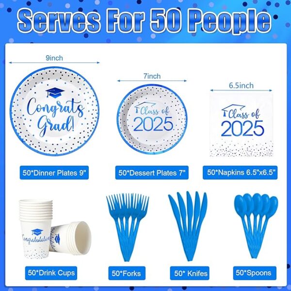 350pc Class of 2025 Graduation Set - White & Blue (Serves 50) - Image 2