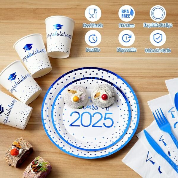 350pc Class of 2025 Graduation Set - White & Blue (Serves 50) - Image 3