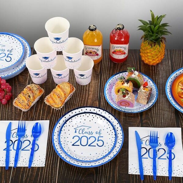 350pc Class of 2025 Graduation Set - White & Blue (Serves 50) - Image 4