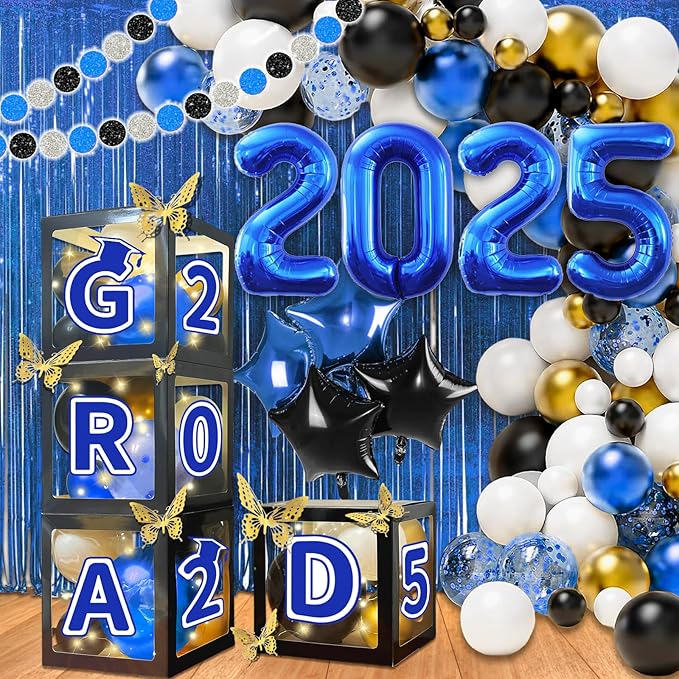107PCS Black & Blue Graduation Set – Balloon Arch, Boxes, Fringe Curtains & Party Decor
