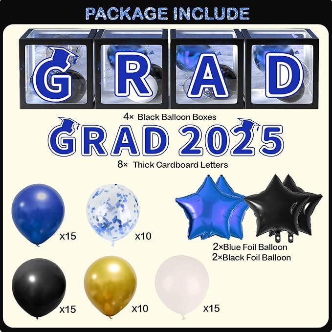 107PCS Black & Blue Graduation Set – Balloon Arch, Boxes, Fringe Curtains & Party Decor - Image 3