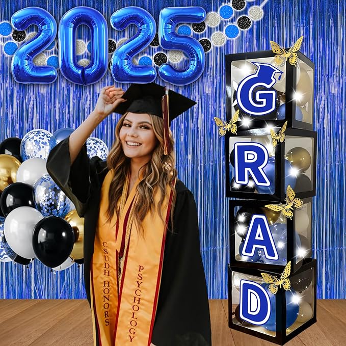 107PCS Black & Blue Graduation Set – Balloon Arch, Boxes, Fringe Curtains & Party Decor - Image 4