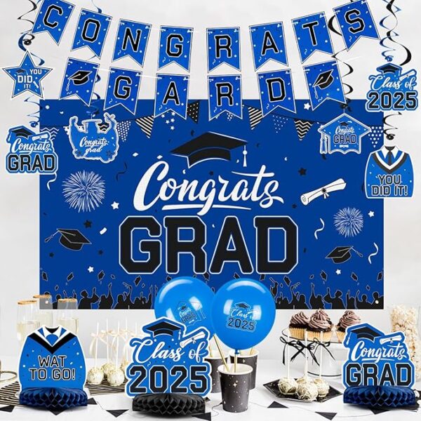 2025 Blue Graduation Party Set – Banner, Backdrop, Balloons & Honeycomb Decor - Image 3