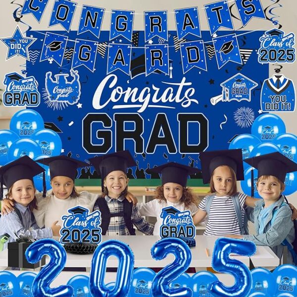2025 Blue Graduation Party Set – Banner, Backdrop, Balloons & Honeycomb Decor - Image 4