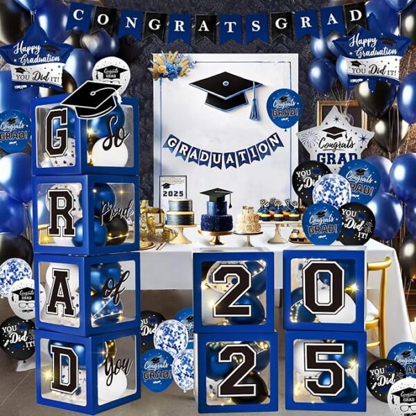 Class of 2025 Blue Graduation Decor – Balloons & Letter Boxes “2025 GRAD”