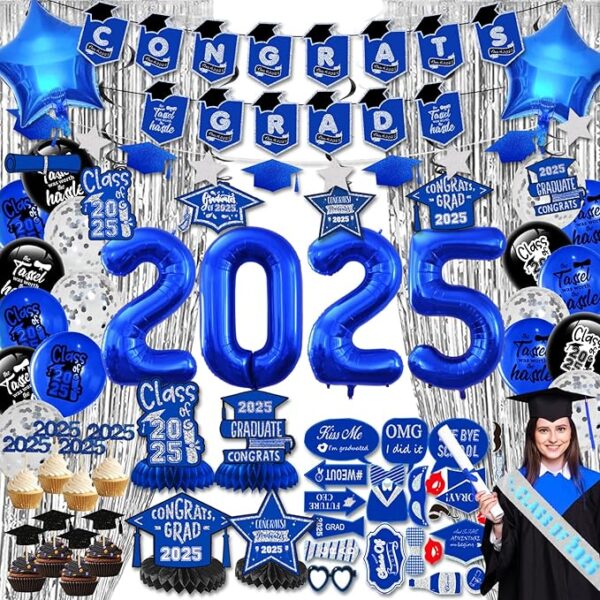 2025 Blue Graduation Party Kit – Banner, Balloons, Centerpieces & Decor