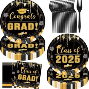 Class of 2025 Graduation Set – Disposable Plates & Napkins, Cap Decor for 24 Guests (Black)