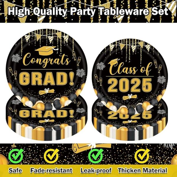 Class of 2025 Graduation Set – Disposable Plates & Napkins, Cap Decor for 24 Guests (Black) - Image 2