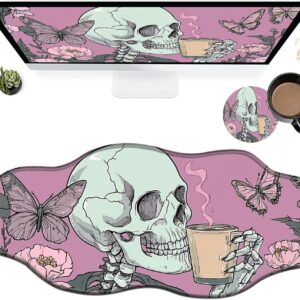 XXL Extended Gaming Mouse Pad with Coaster 35.4×15.7 Inch Desk Mat Pink Skull Design Non-Slip Rubber Base with Stitched Edges Large Mousepad for Home and Office