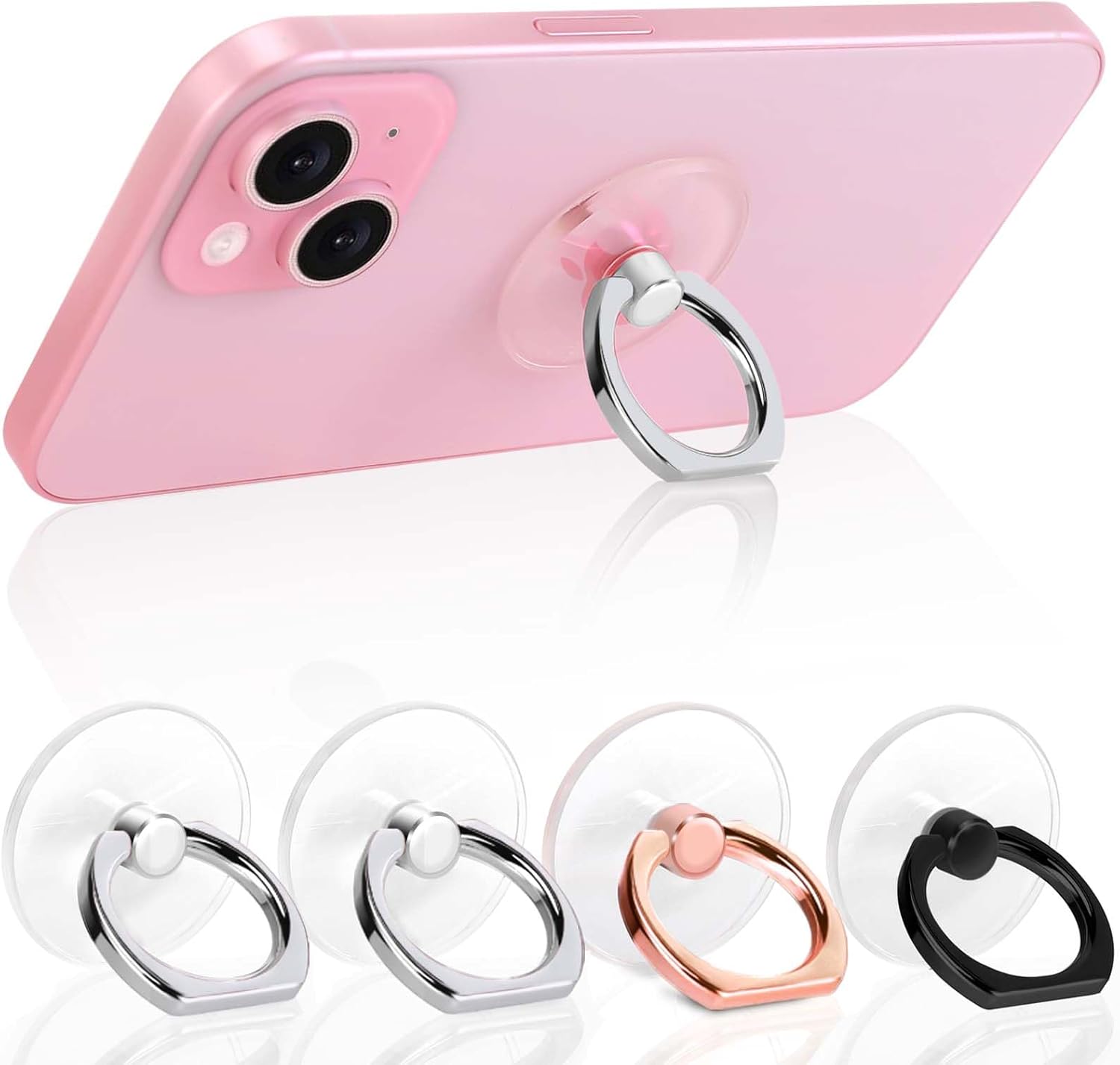 Clear 360° Rotating Phone Ring Holder, Finger Grip Stand & Kickstand, Universal for Most Phones, Tablets, and Cases, 4-Pack (2 Silver, 1 Black, 1 Rose Gold)