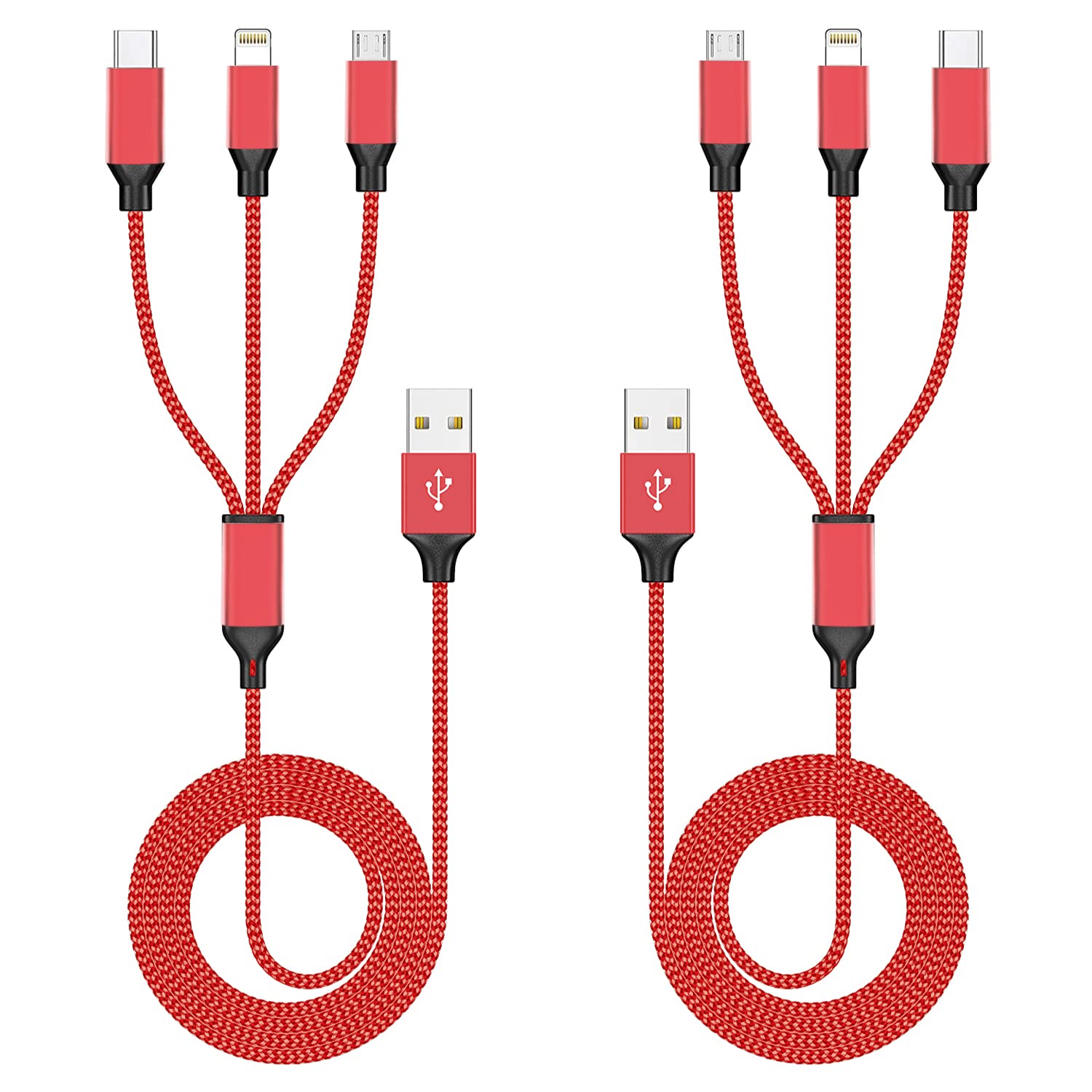 3 in 1 Multi Charging Cable 2 Pack 4FT Braided USB Travel Charger Universal Phone and Tablet Charger Compatible with iPhone Android and iPad, Red