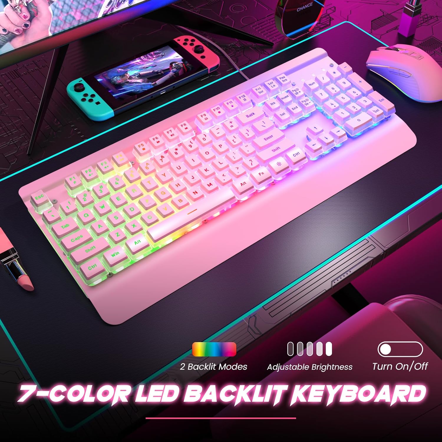 Pink Wired Gaming Keyboard 104 Keys All-Metal Panel Rainbow LED Backlit Silent Typing PBT Keycaps Anti-Ghosting Wrist Rest USB Connection for PC - Image 2