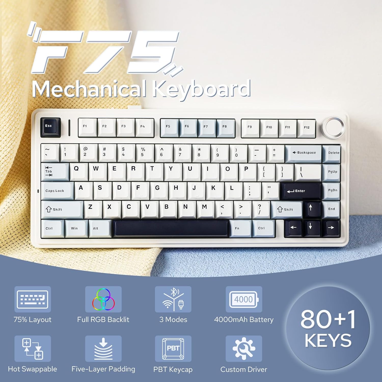 F75 75% Wireless Hot-Swappable Mechanical Gaming Keyboard with RGB, Knob & Multi-Mode Connectivity – Light Blue - Image 4