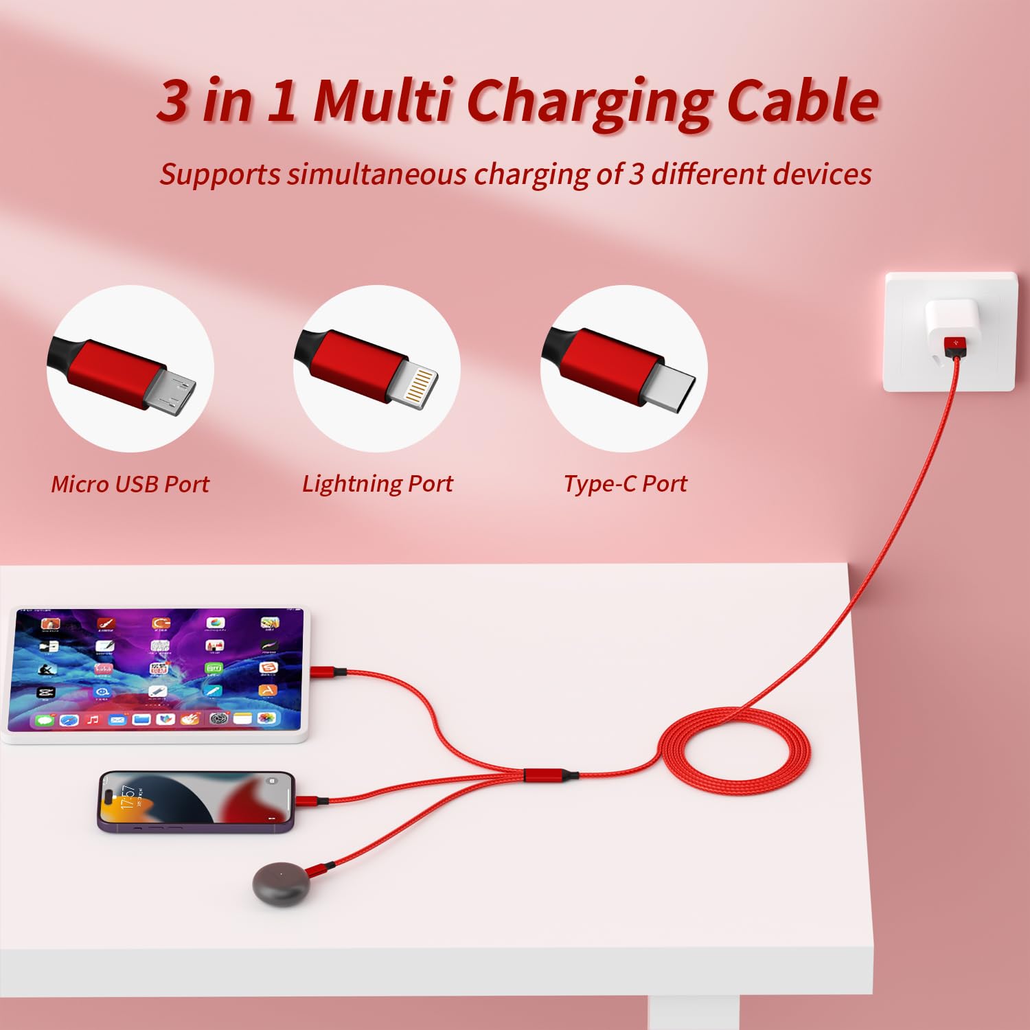 3 in 1 Multi Charging Cable 2 Pack 4FT Braided USB Travel Charger Universal Phone and Tablet Charger Compatible with iPhone Android and iPad, Red - Image 2