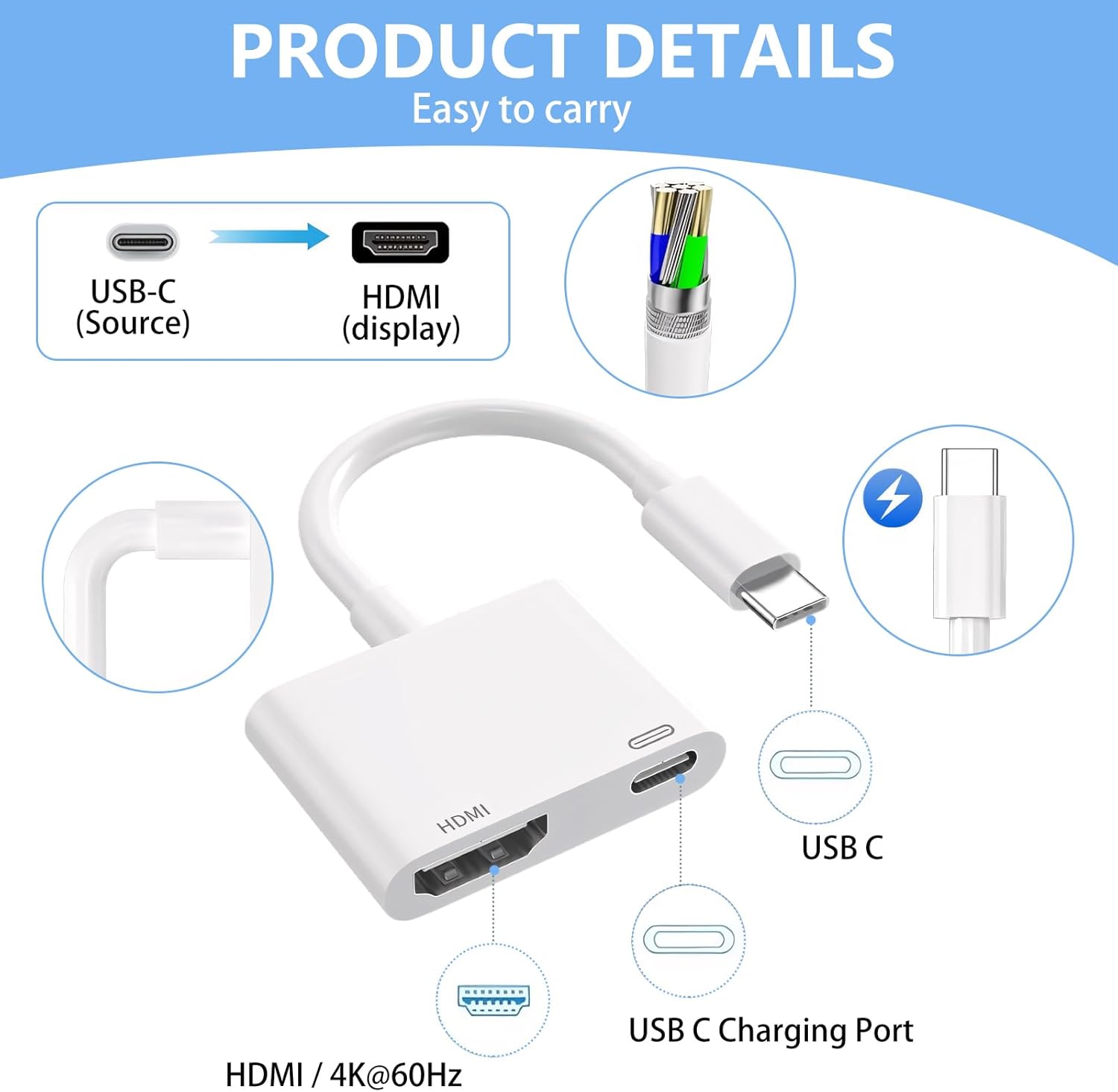 USB-C to HDMI Adapter with Charging Port 4K@60Hz for Smartphones, Tablets, and Laptops to TV or Projector - Image 3