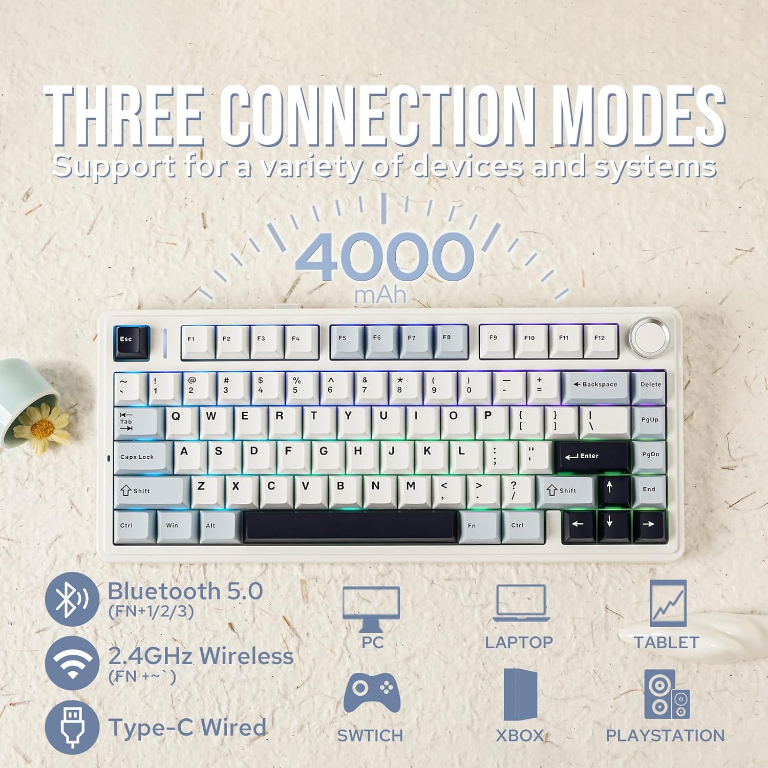 F75 75% Wireless Hot-Swappable Mechanical Gaming Keyboard with RGB, Knob & Multi-Mode Connectivity – Light Blue - Image 3