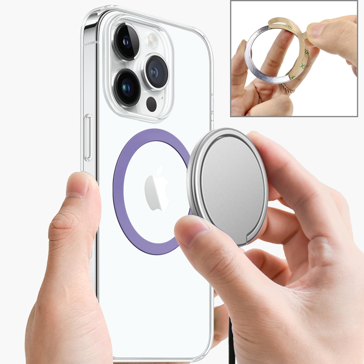Universal Magnetic Metal Ring Sticker for Phone Cases, Mag-Compatible Mount Adapter, 3-Pack, Light Purple - Image 3