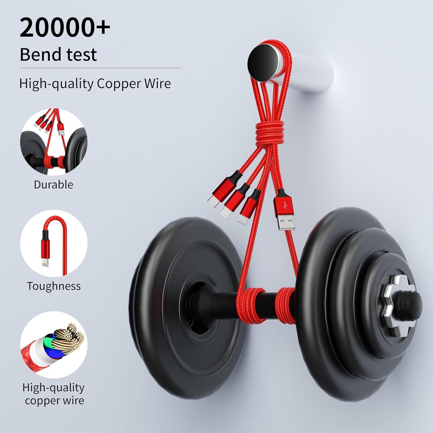 3 in 1 Multi Charging Cable 2 Pack 4FT Braided USB Travel Charger Universal Phone and Tablet Charger Compatible with iPhone Android and iPad, Red - Image 3