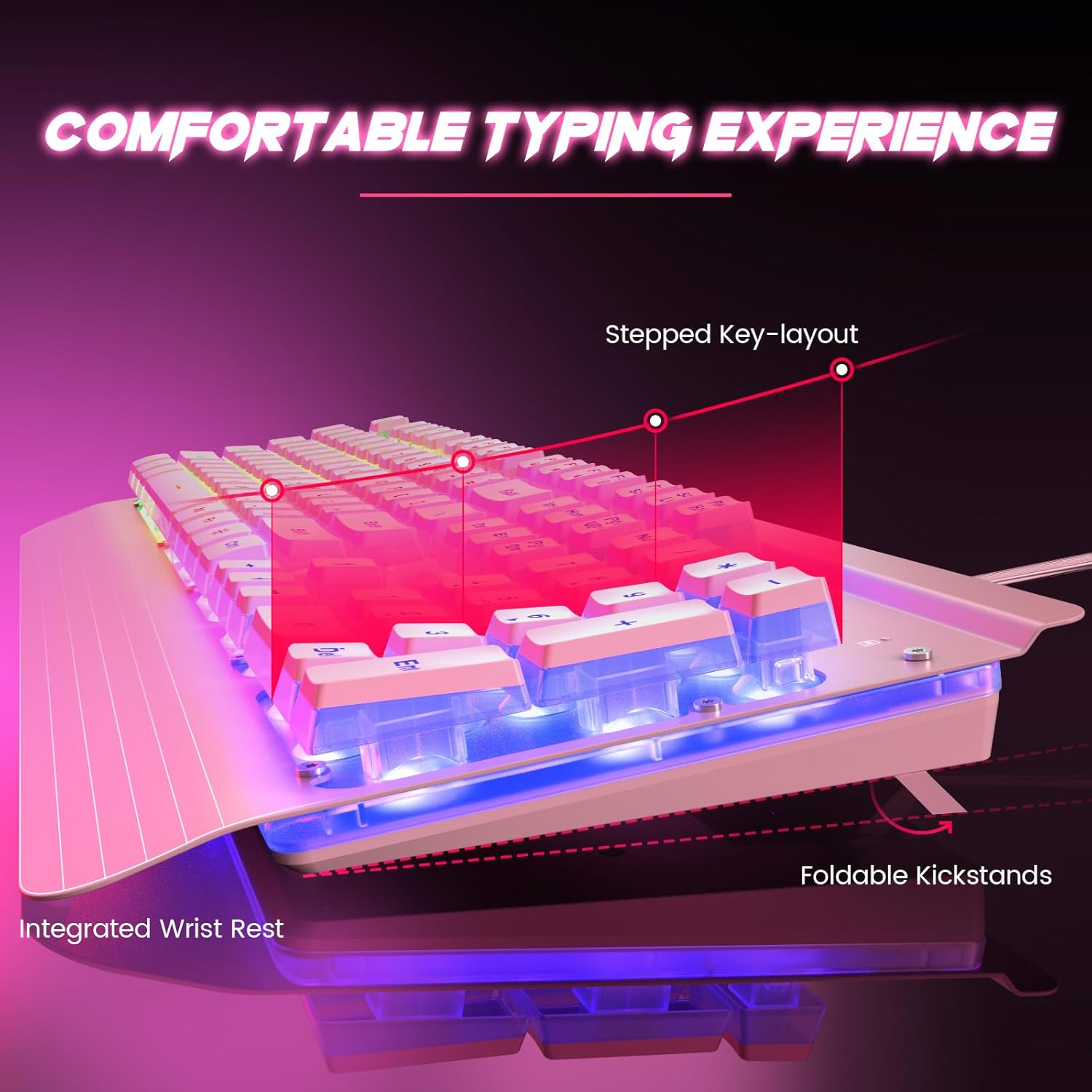 Pink Wired Gaming Keyboard 104 Keys All-Metal Panel Rainbow LED Backlit Silent Typing PBT Keycaps Anti-Ghosting Wrist Rest USB Connection for PC - Image 4