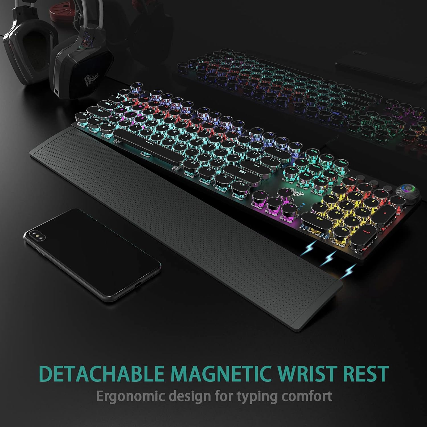 F2088 Typewriter-Style Wired Mechanical Gaming Keyboard with Blue Switches, RGB Backlight & Media Knob - Image 2