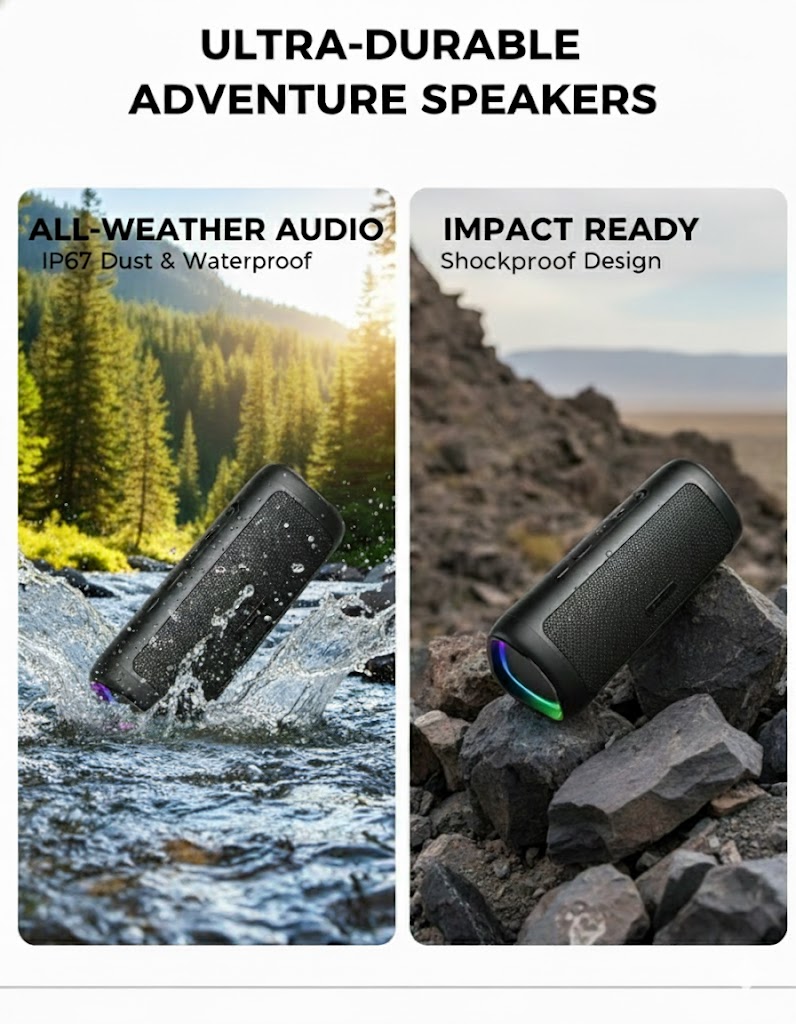 Bluetooth Portable Speaker, HD Sound, IPX5 Waterproof, 20H Playtime, TWS Pairing, BT 5.3, Black - Image 4