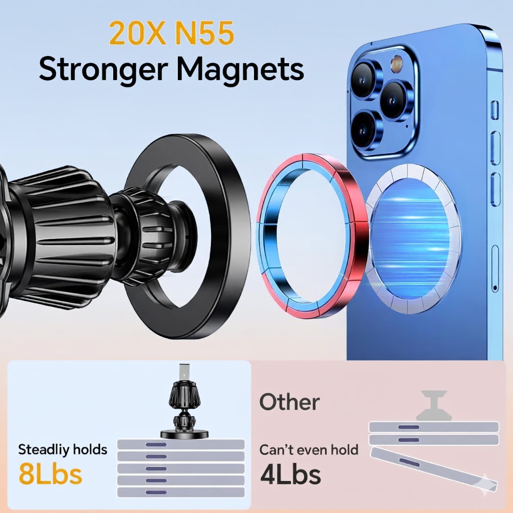 Car Magnetic Phone Mount, 20 Strong Magnets Dashboard Holder for iPhone & Smartphones, Universal Cell Phone Car Holder, Easy Installation, Car Accessories - Image 4