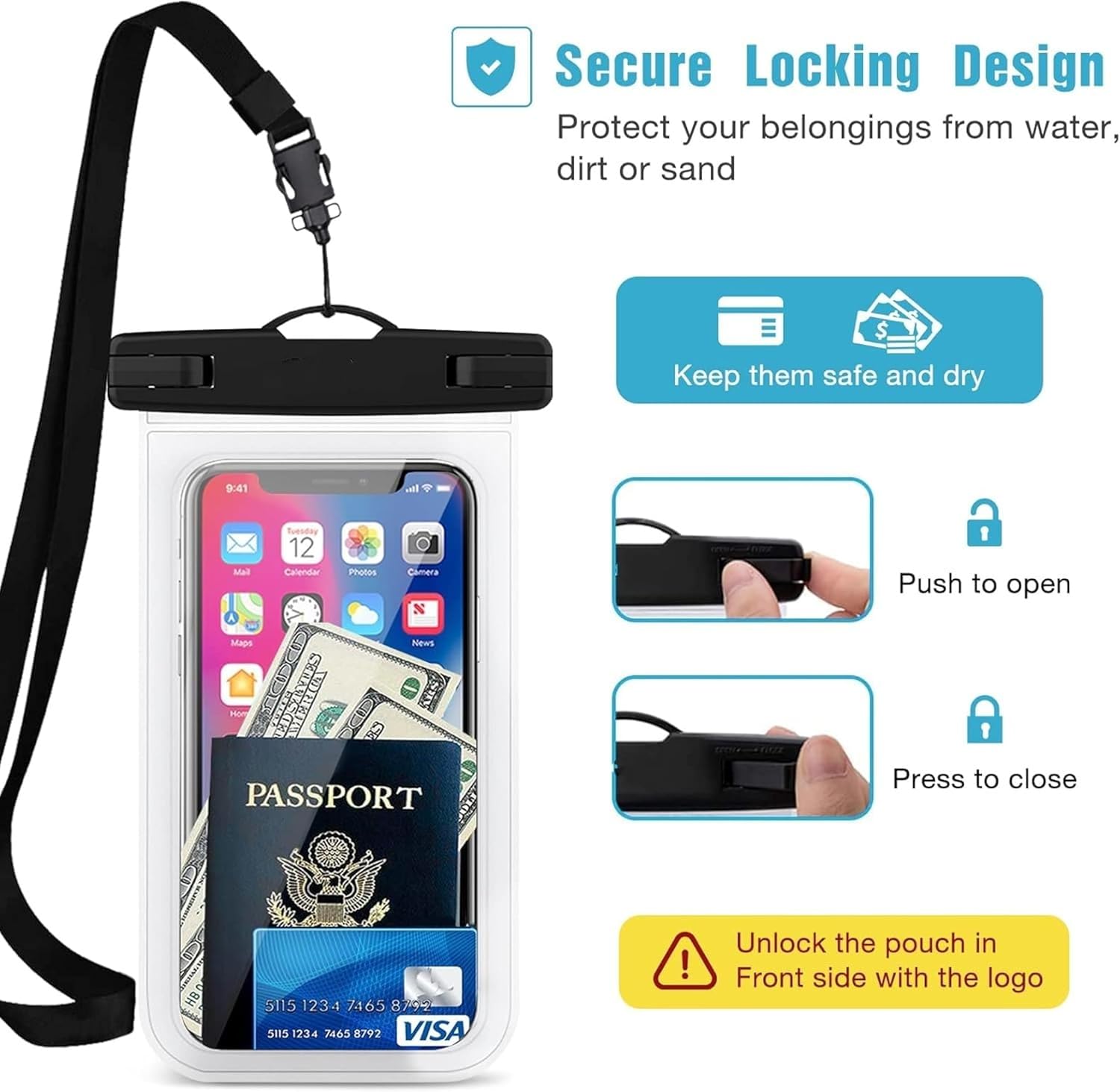 Waterproof Mobile Pouch with Strap Clear Phone Case for Swimming Beach and Travel Touchscreen Friendly Dry Bag for Smartphones, Black - Image 4