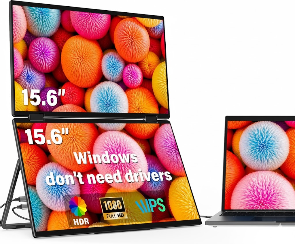 15.6-Inch FHD Dual Portable Monitor Foldable Stackable 315° Adjustable USB-C HDMI for Laptop